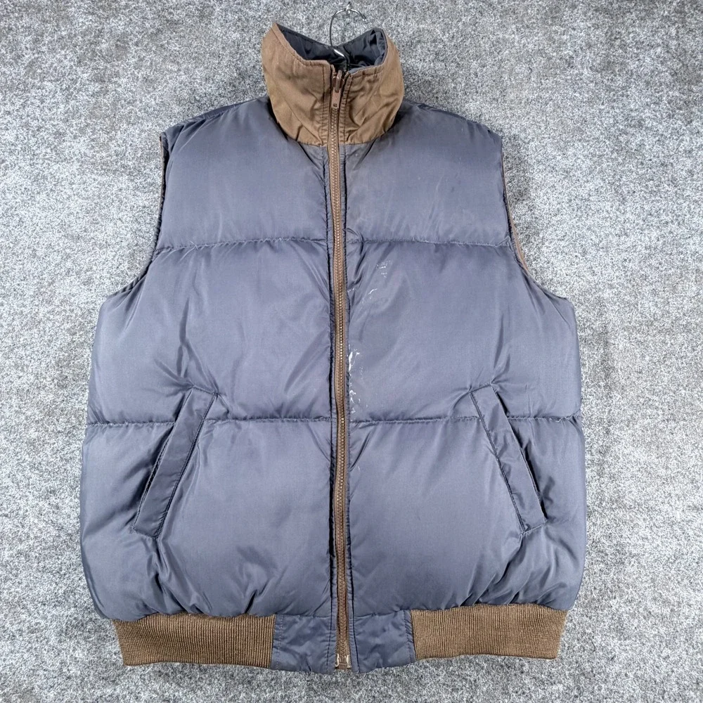 Outdoor Exchange Reversible Down Vest Mens Large Brown Blue Mock Neck Full‎ Zip